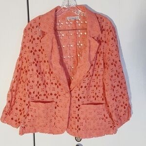 Madison Leigh|  Pink/ Coral Eyelet Blazer Suit Coat Lazer Cut Modern Chic Sz.XL